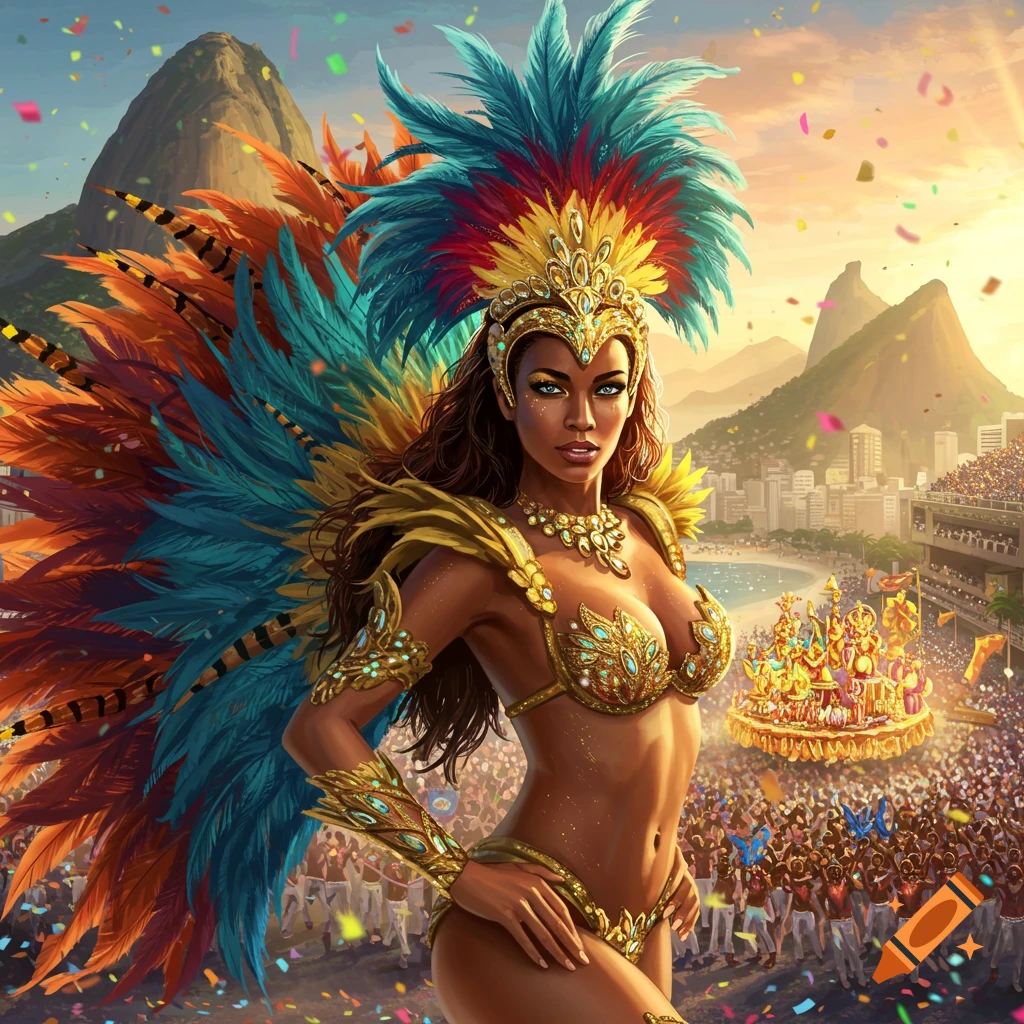 A stunning woman in a vibrant, feathered carnival costume poses against a bustling Brazilian city backdrop with mountains and confetti.