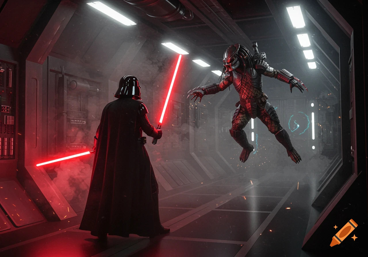 Darth Vader holds two red lightsabers, facing a leaping Predator in a smoke-filled futuristic spaceship corridor.