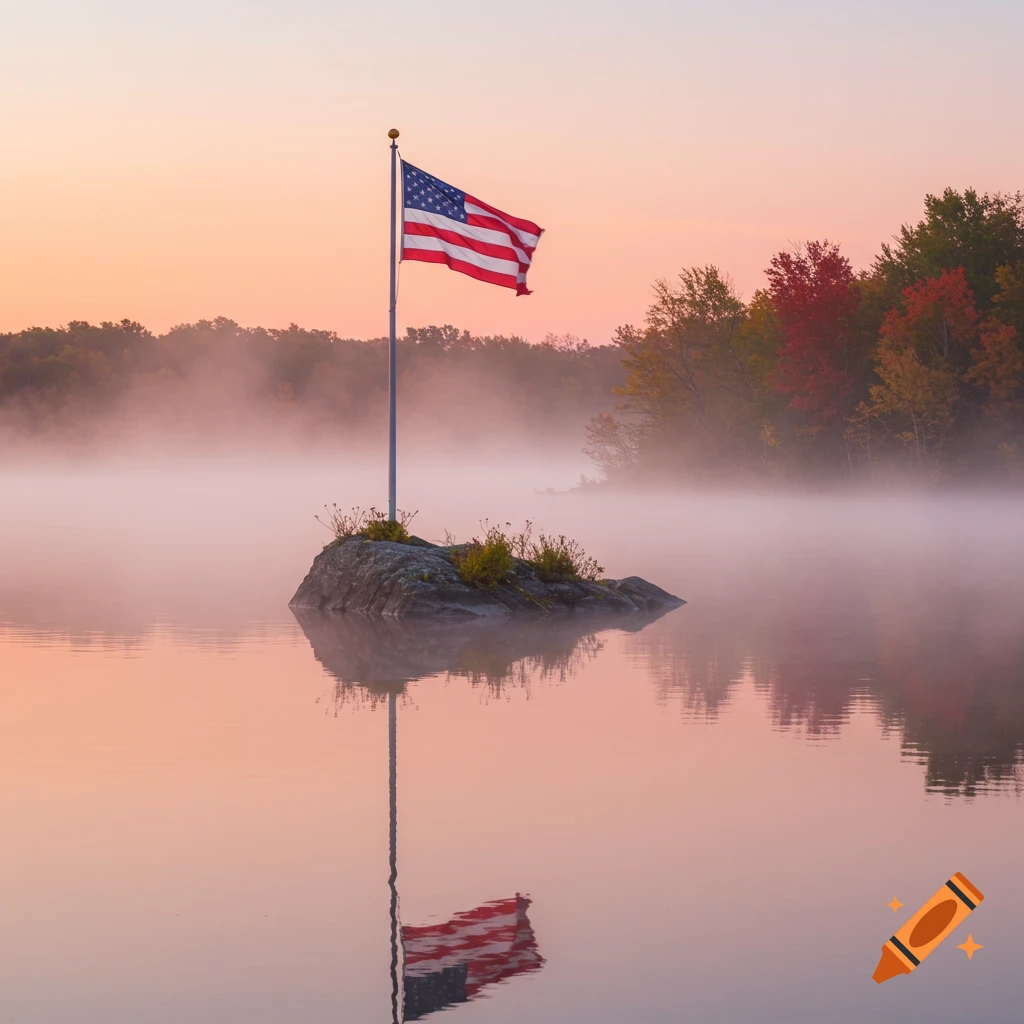 An American flag flies on a pole on a small rocky island in a misty lake at sunrise, with autumn trees in the background and reflections in the calm water.