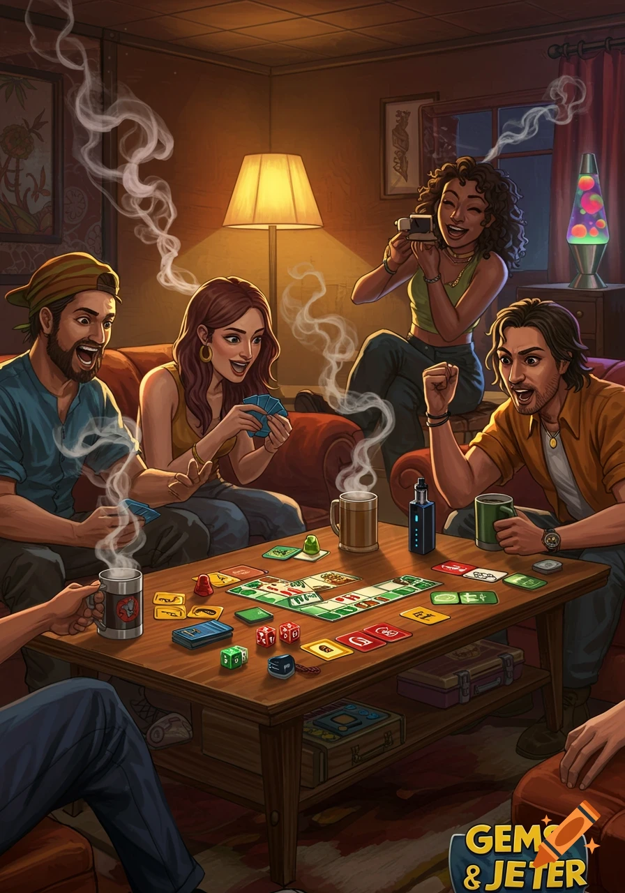 An illustration of four diverse friends enthusiastically playing a board game in a dimly lit living room, with smoke effects around them.