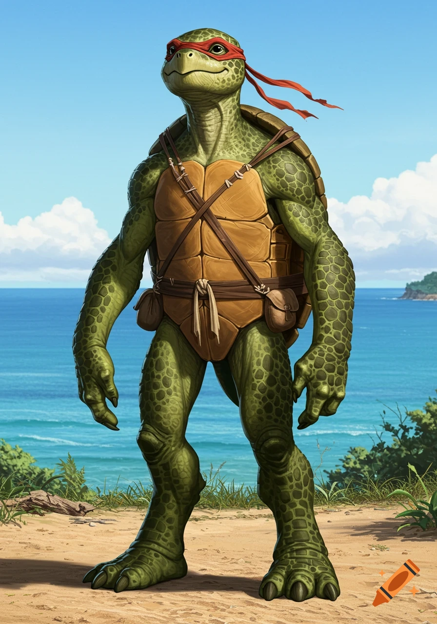A semi-realistic fantasy drawing of a humanoid green sea turtle, resembling a Teenage Mutant Ninja Turtle, standing upright on a sandy beach with the ocean behind it.