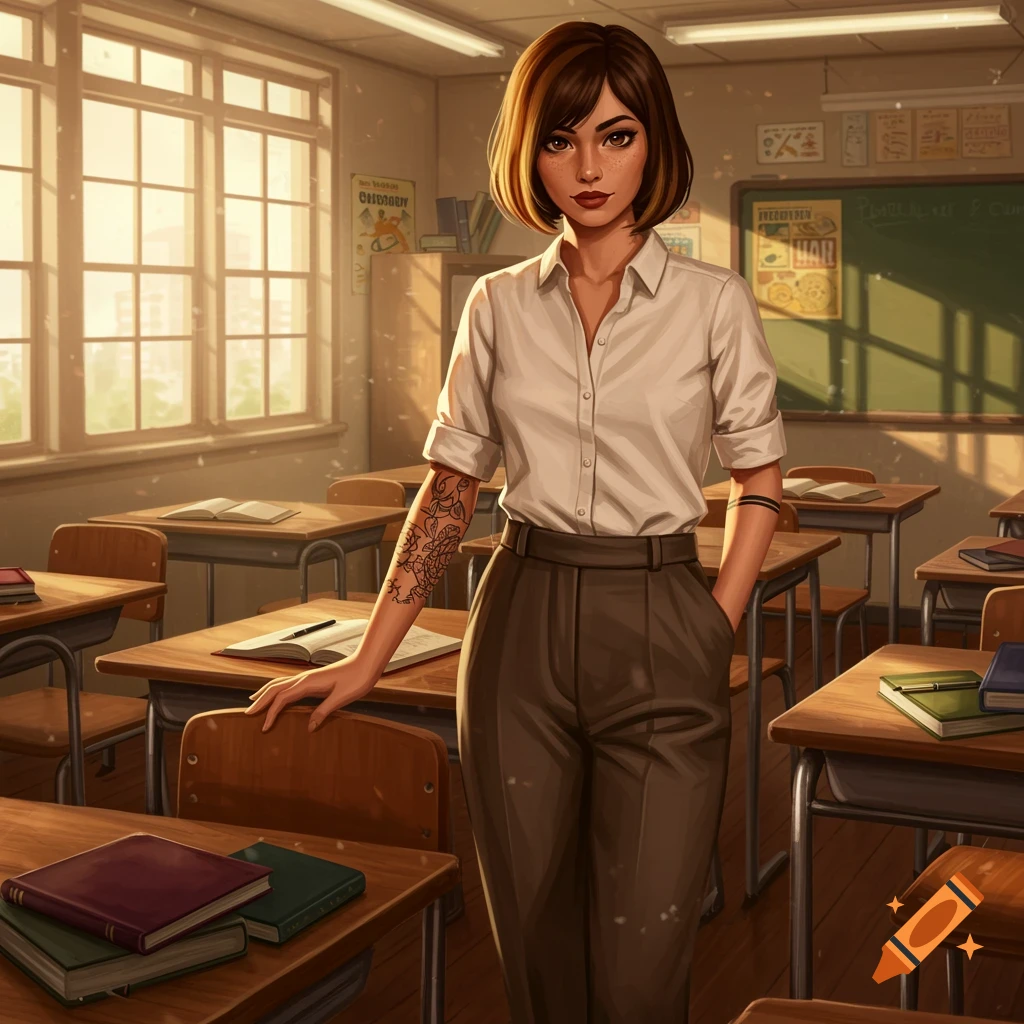 A stylized illustration of a woman with bobbed ombre hair and arm tattoos, wearing a white shirt and dark trousers, standing in a sunlit classroom.