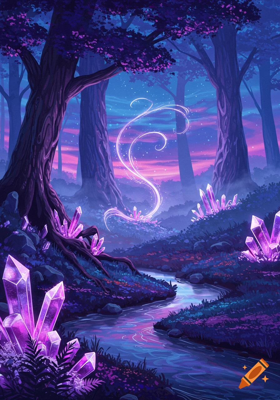 A vibrant, mystical fantasy forest at twilight with purple trees, glowing pink crystals, and a winding stream under a starry sky.