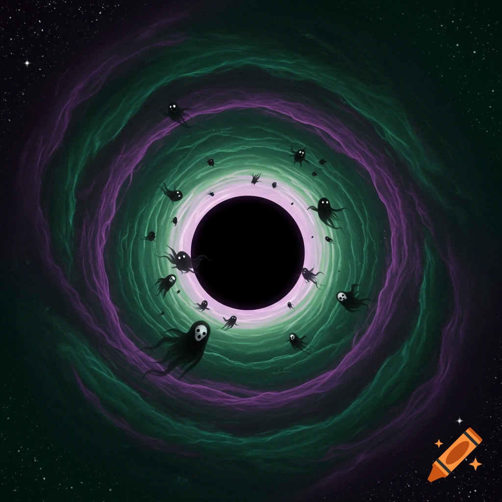 A black hole surrounded by swirling green and purple nebulas, with small, dark, ghost-like creatures with pale faces flying around it in deep space.