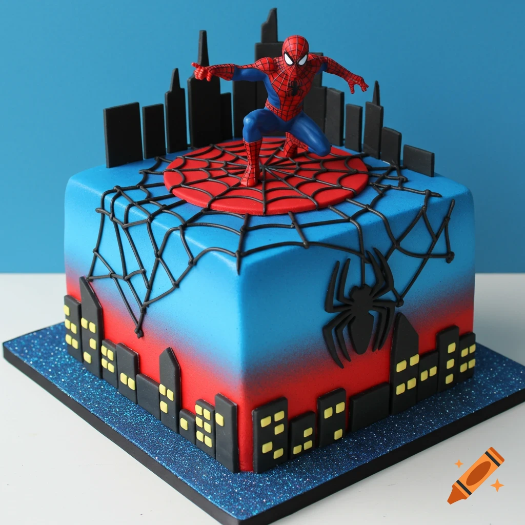 A square Spider-Man themed birthday cake with a Spider-Man figurine, black web designs, and a cityscape base.