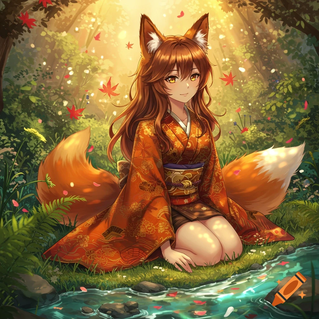 An anime fox girl with long brown hair and two large tails sits by a stream in a sunlit forest with falling red leaves.