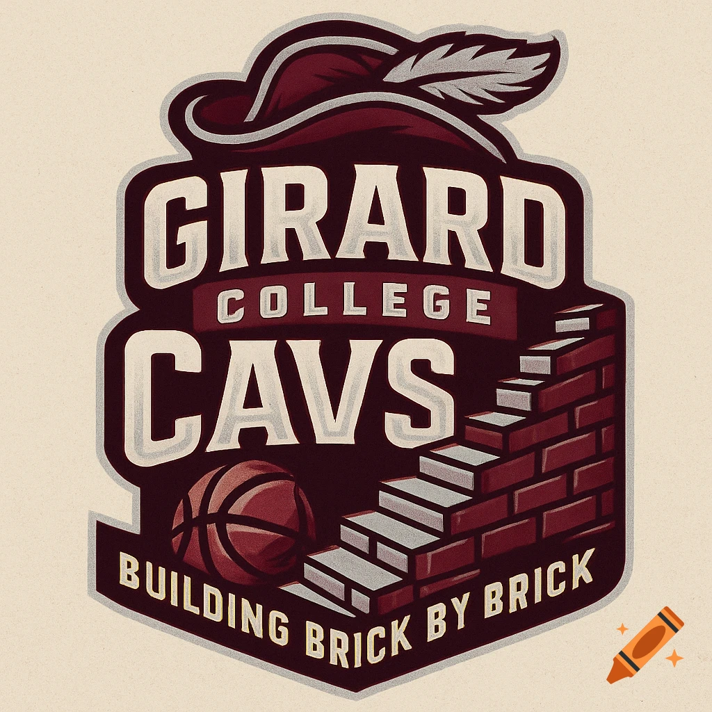 Vintage style logo for Girard College Cavs basketball team with a feathered hat, basketball, brick staircase, and slogan 'Building Brick by Brick'.