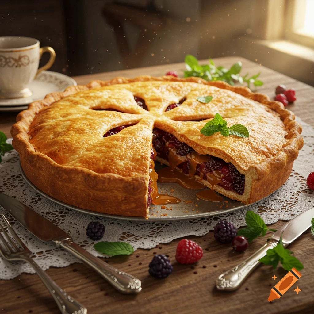 Photorealistic close-up of a berry and caramel pie with a slice cut out, on a wooden table with cutlery and fresh berries.