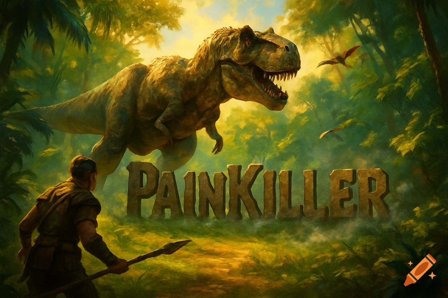 A man with a spear confronts a T-Rex in a jungle, with the word PAINKILLER. Two Pterodactyls fly in the sky. Digital painting.
