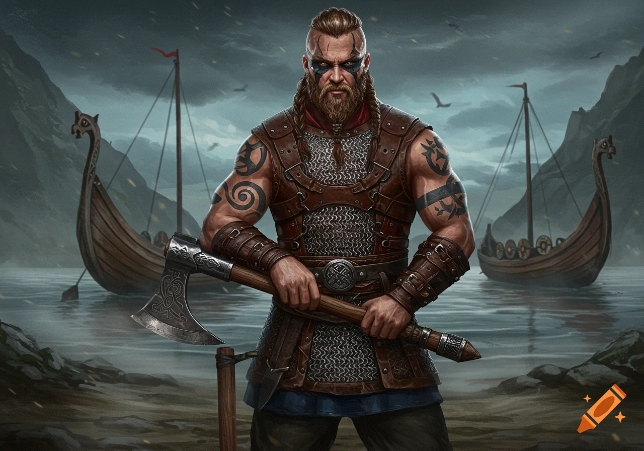 A fierce Viking warrior with tattoos and an axe stands by longboats in a moody, illustrated scene.