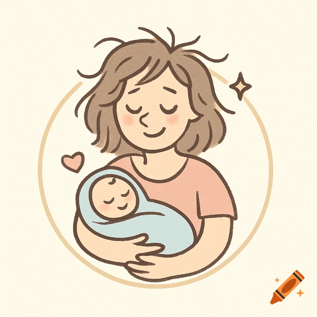 Cartoon illustration of a tired happy mom with messy hair holding a swaddled newborn baby, inside a circular frame with a heart and star.