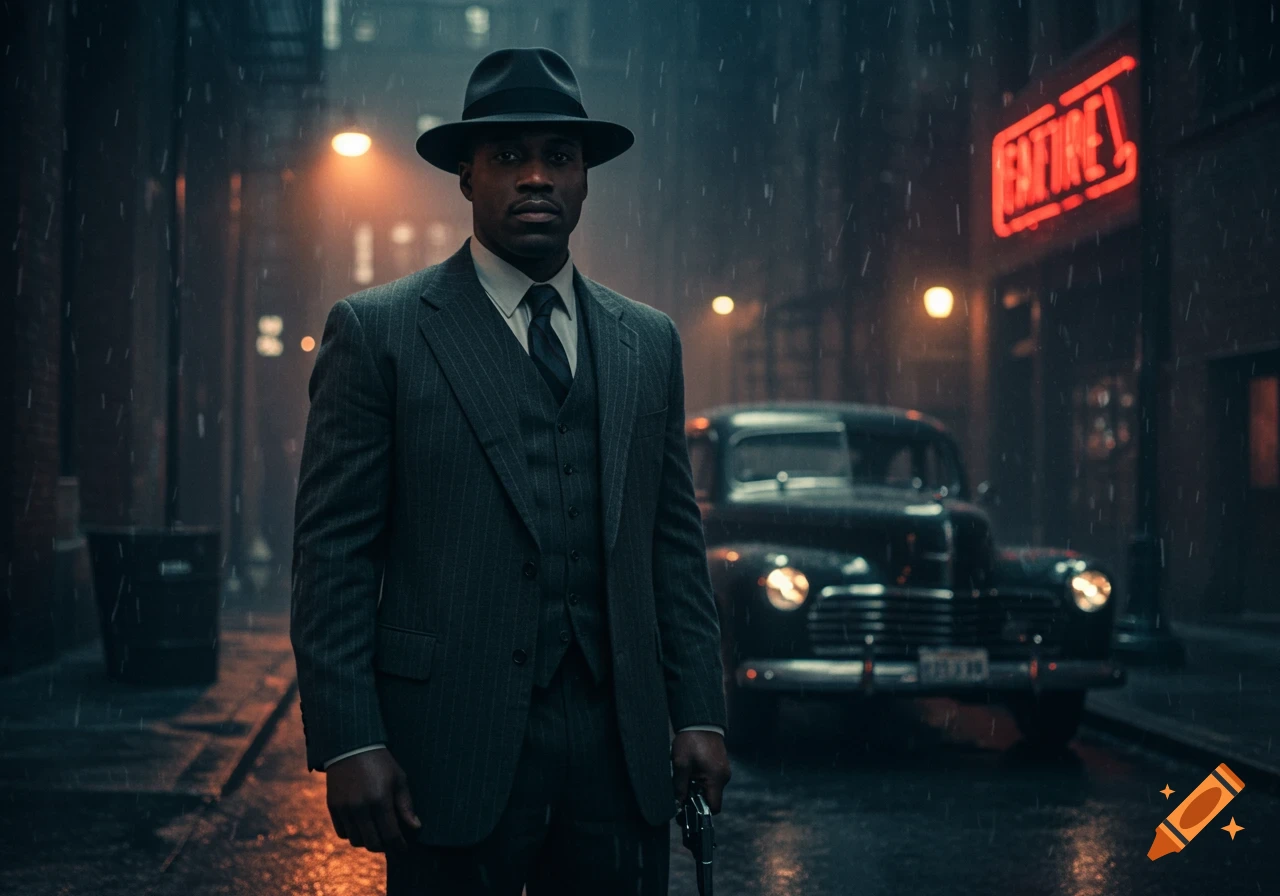 A photorealistic image of a man in a pinstripe suit and fedora holding a gun on a rainy city street at night.