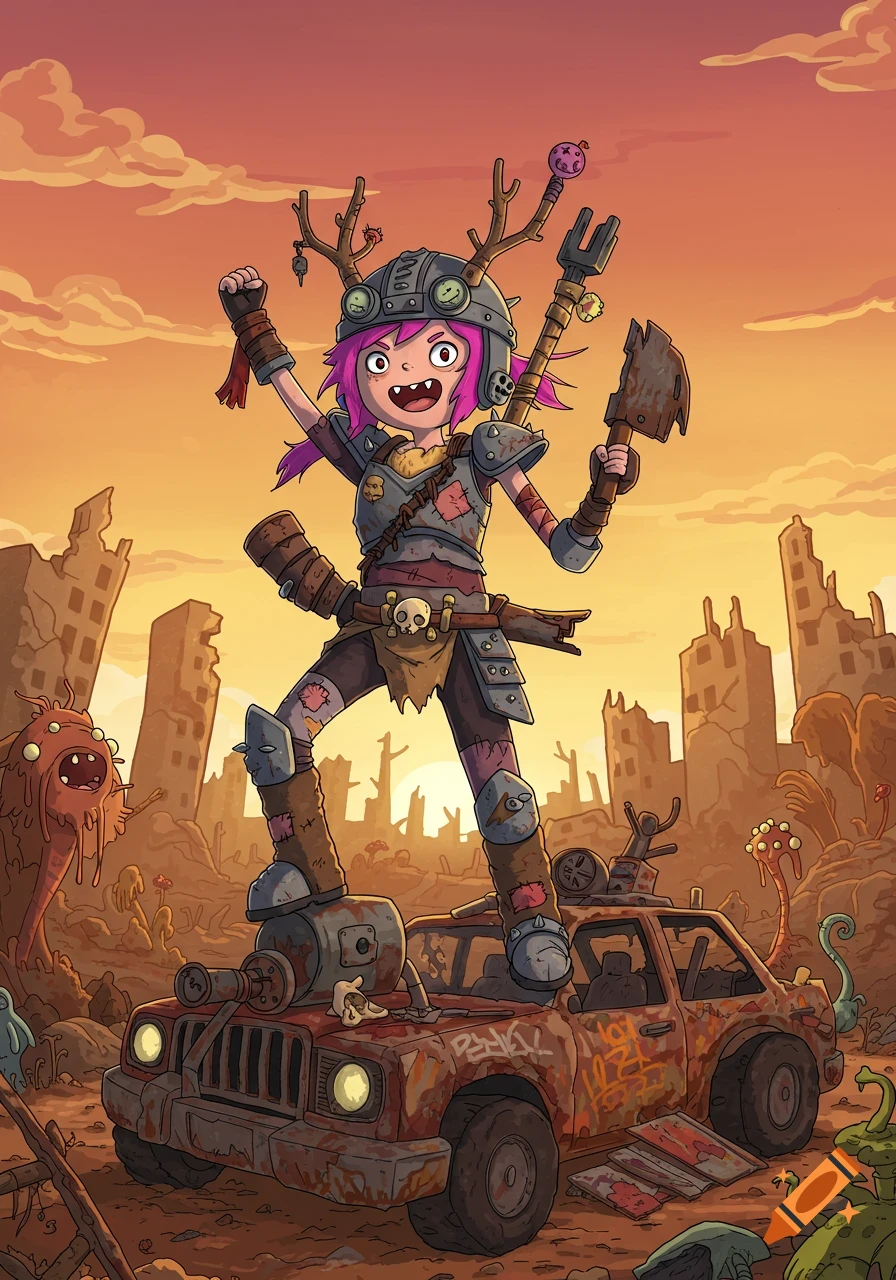 A cartoonish post-apocalyptic raider girl stands triumphantly on a rusty jeep in a desolate city at sunset.