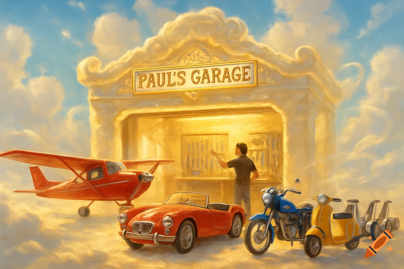 A painterly image of Paul's Garage, a cloud-like structure in the sky, with Paul inside. A red plane, red car, blue motorcycle, and yellow scooter are parked outside.