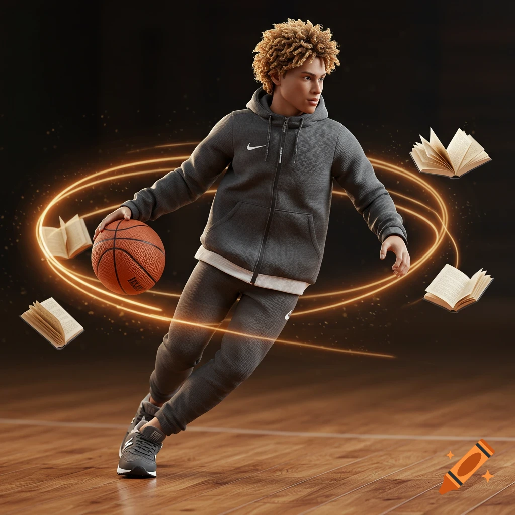 Photorealistic 3D render of a male action figure in a gray Nike sweatsuit playing basketball, surrounded by floating books and glowing rings on a wooden court.