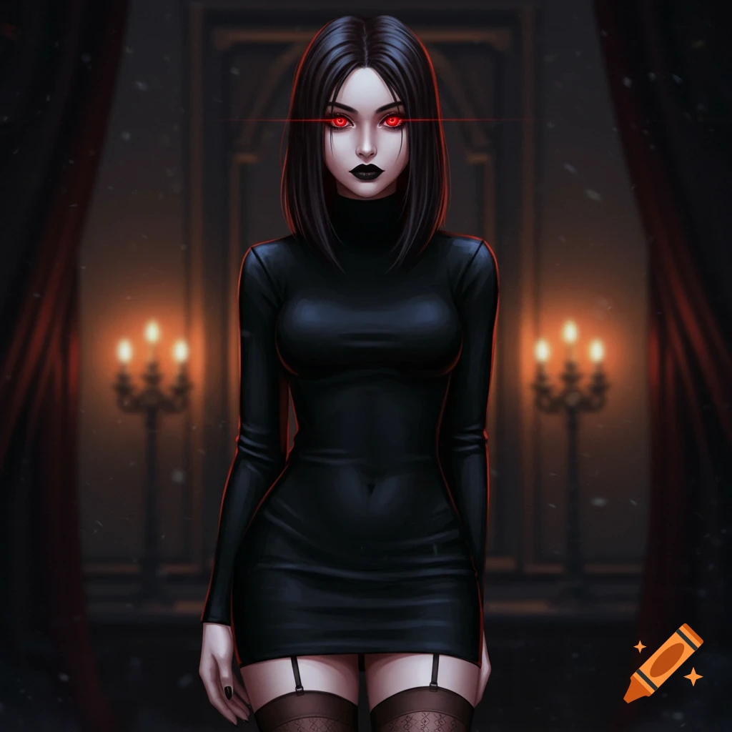A dark-haired woman with glowing red eyes and black lipstick wears a tight black dress and nylons in a dimly lit room.