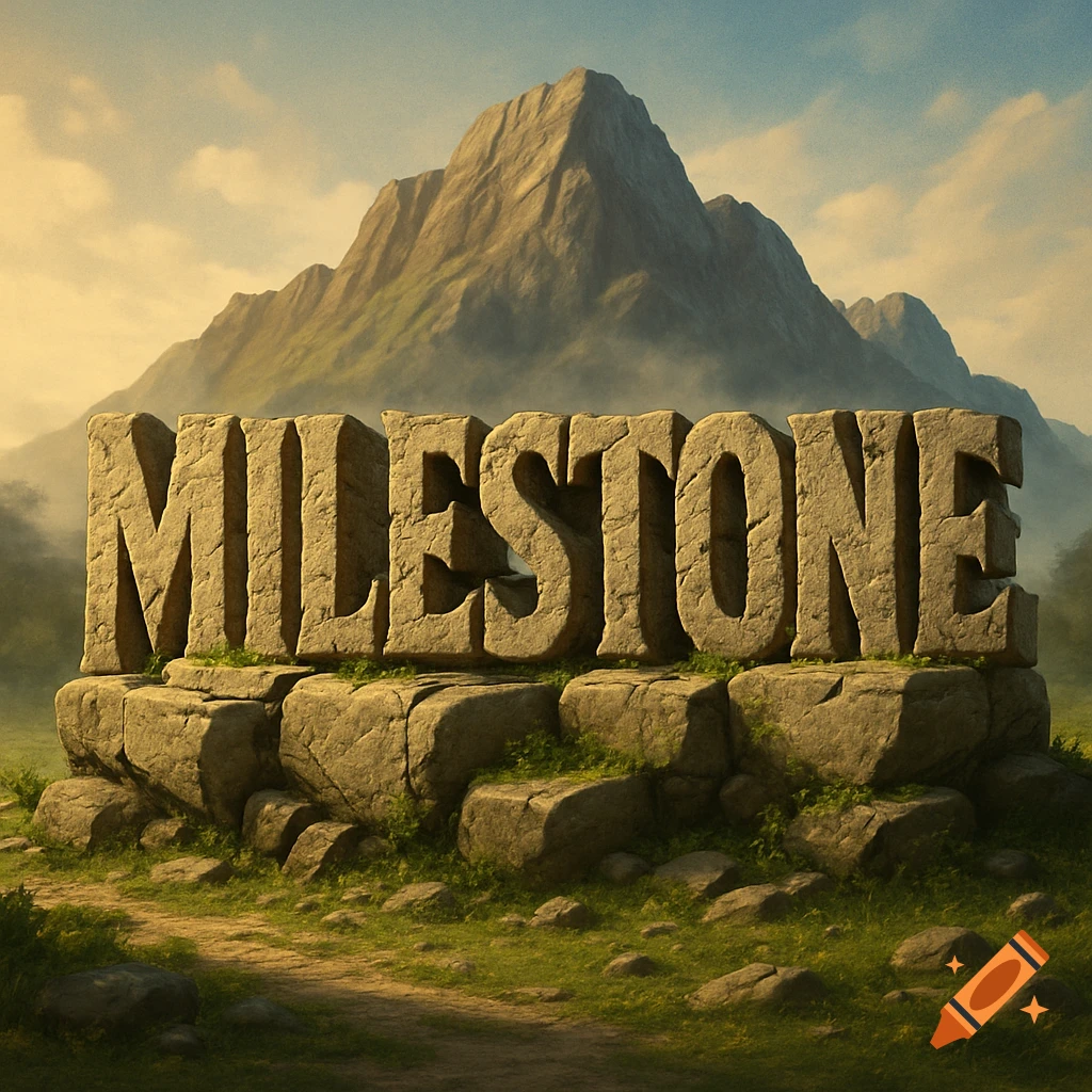 The word MILESTONE carved as large stone letters on a rocky base, set in a green landscape with mountains in the background.