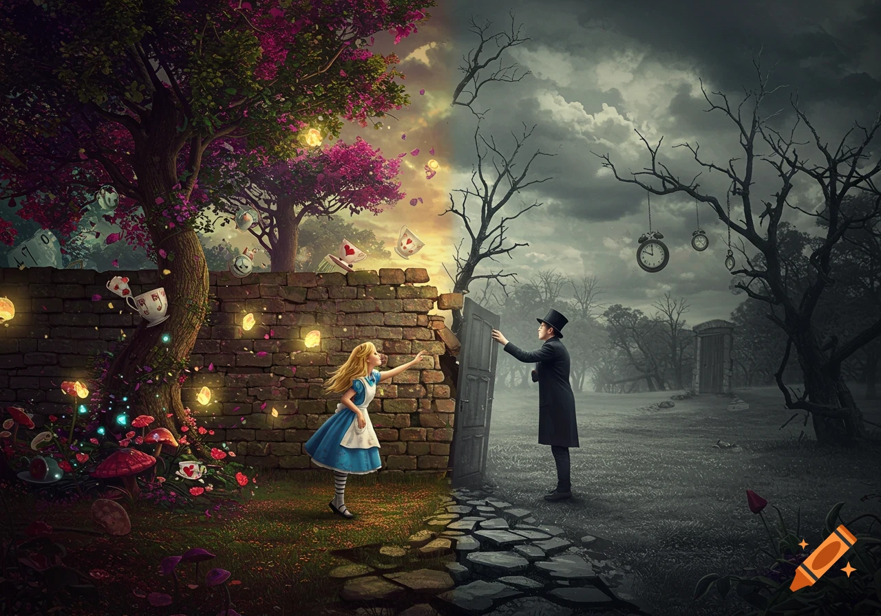 Alice reaching towards the Mad Hatter at a broken wall separating a vibrant Wonderland from a desolate, gray landscape with floating clocks.