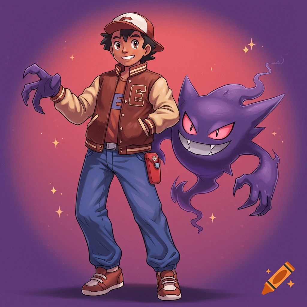 A smiling young man in a letterman jacket and baseball cap poses with a purple, ghostly Haunter Pokemon.