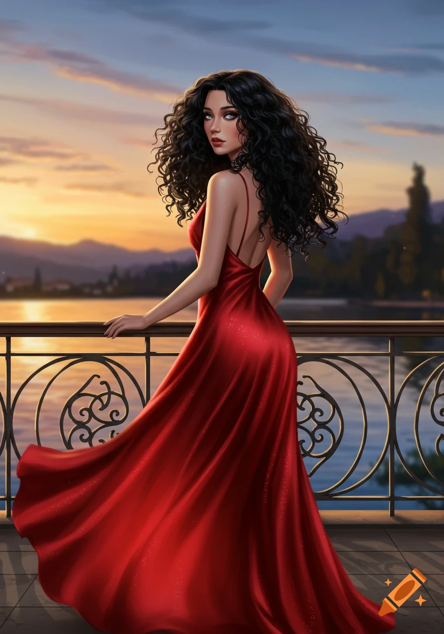 Digital painting of a woman with long black curly hair in a red silk gown, looking over her shoulder from a balcony at sunset over a lake.