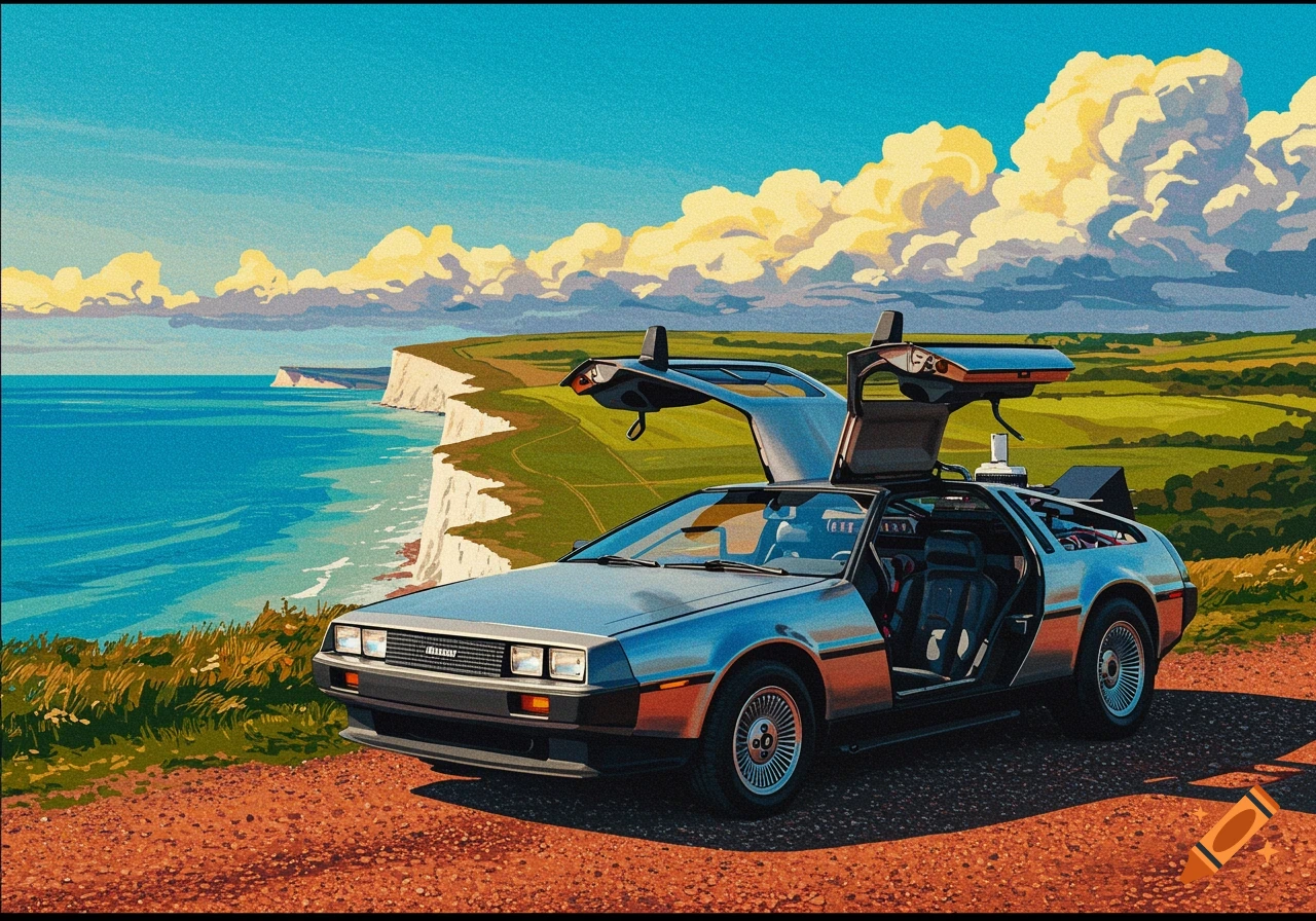 A silver DeLorean car with its gull-wing doors open is parked on a red dirt road overlooking white cliffs and a blue sea under a bright sky in a vibrant pop art style.