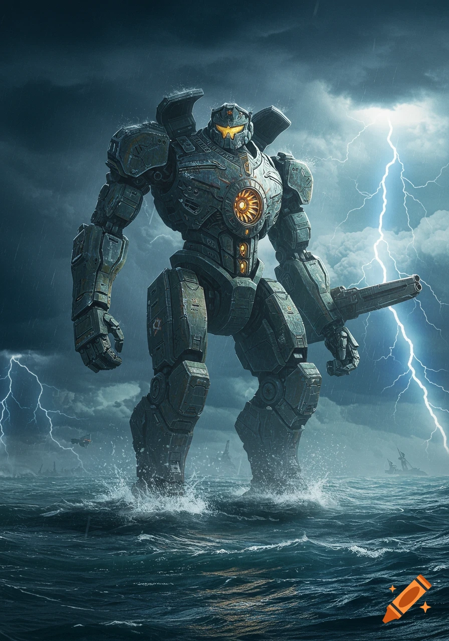 A massive armored robot, reminiscent of Pacific Rim's Cherno Alpha, stands in a stormy ocean with lightning striking in the dark sky.
