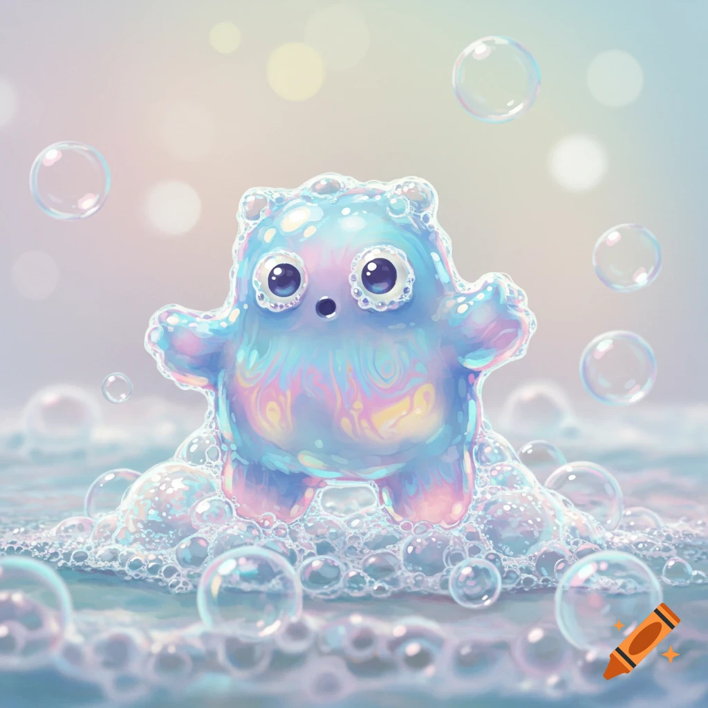 A cute, iridescent blue monster made of soap suds stands in a bath of bubbles.