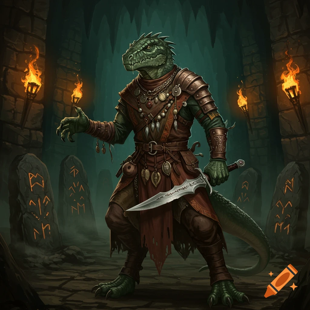 A green lizardfolk cult fanatic in armored robes holds a dagger in a dark cave, surrounded by burning torches and runic stones. Digital art.