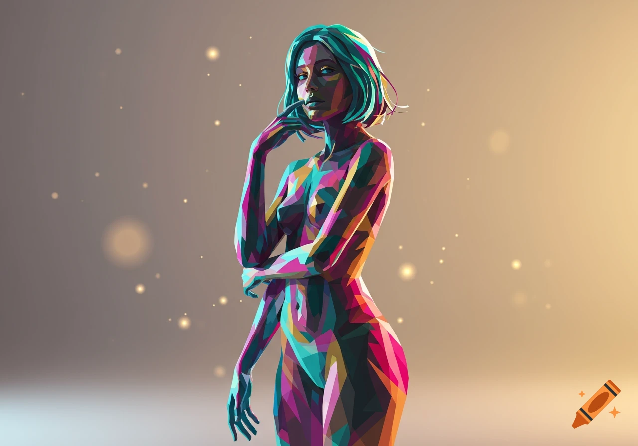 A colorful, geometric vector art rendering of a woman posing against a light background.