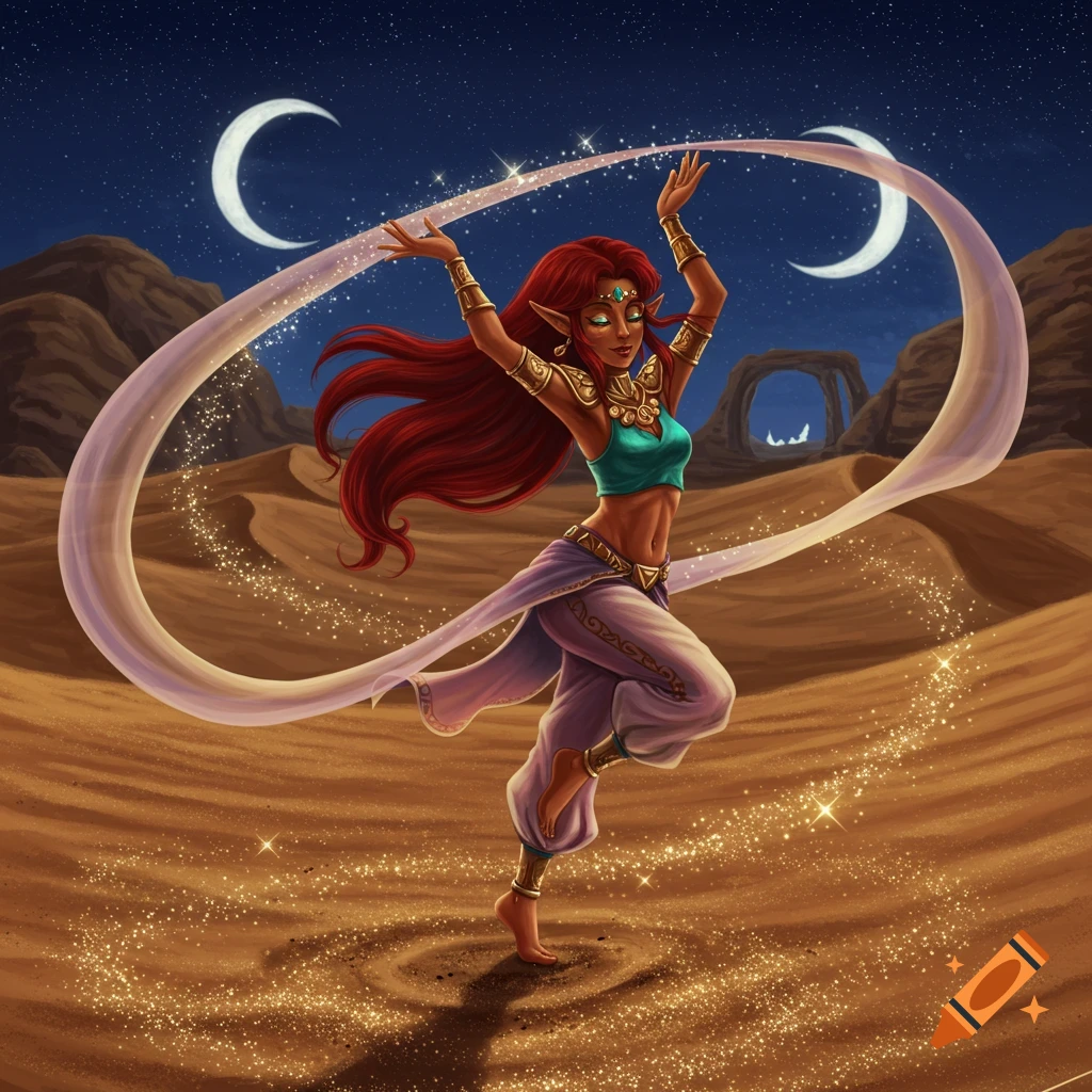 A red-haired fantasy girl dances in a desert at night with a glowing ribbon, surrounded by sparkling dust and two crescent moons. Digital art.