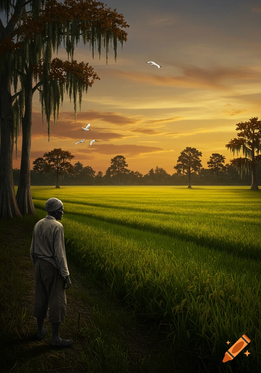A man stands on a path looking out over vast green rice fields under a golden sunset sky with trees and birds.