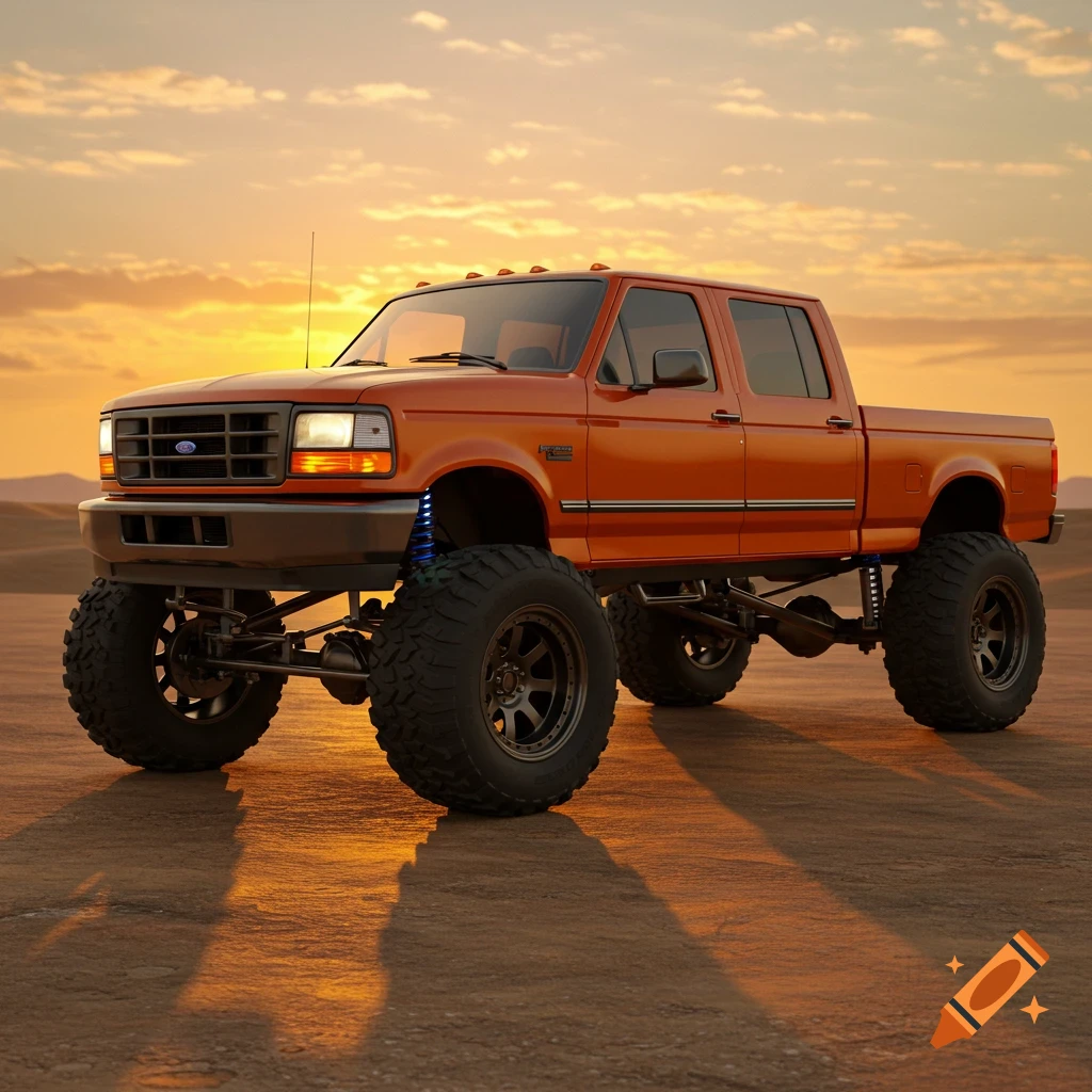 A photorealistic image of an orange lifted Ford F-250 pickup truck parked in a desert landscape at sunset.
