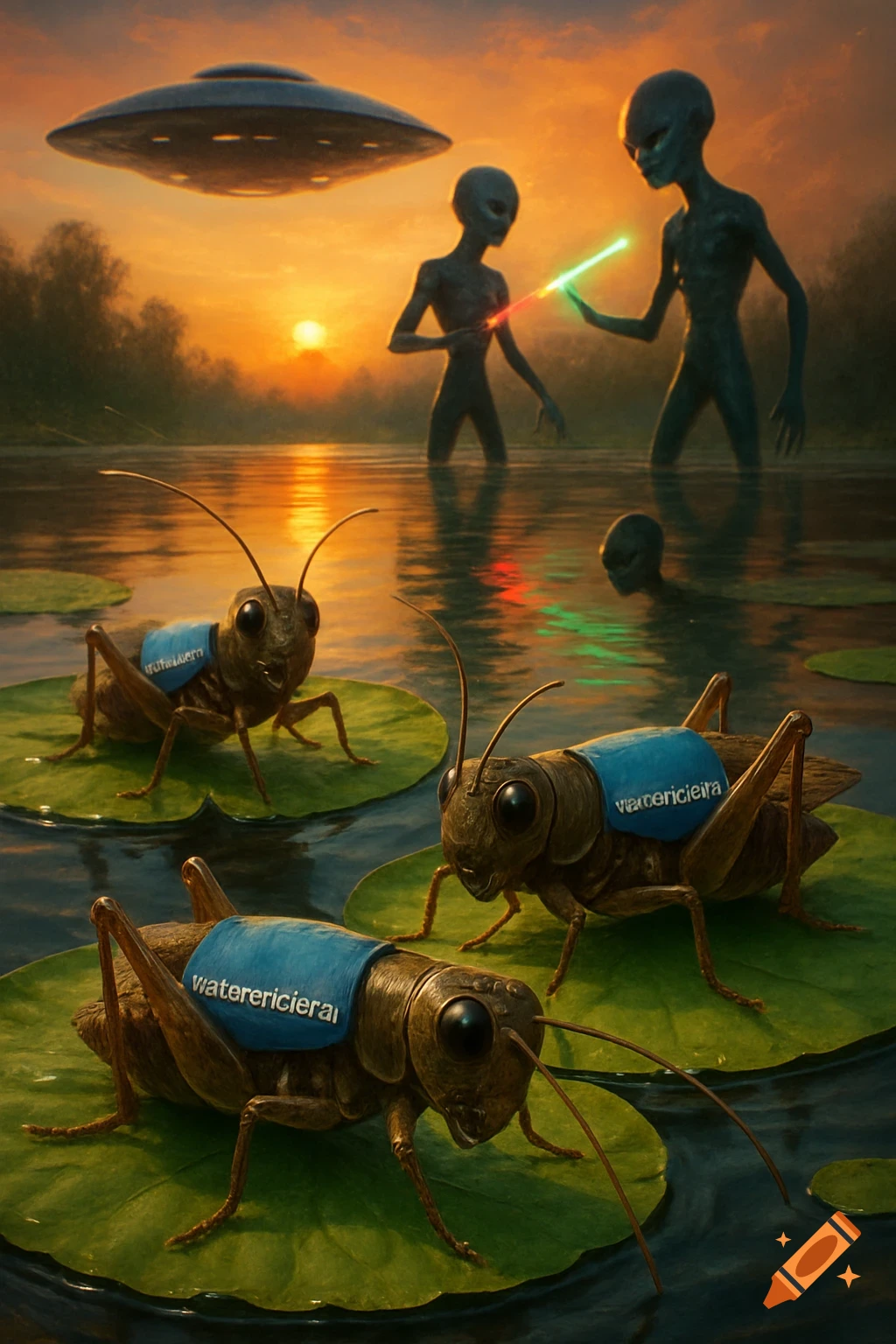 Three crickets on lily pads with blue vests in a pond, with aliens and a UFO at sunset. Photorealistic style.