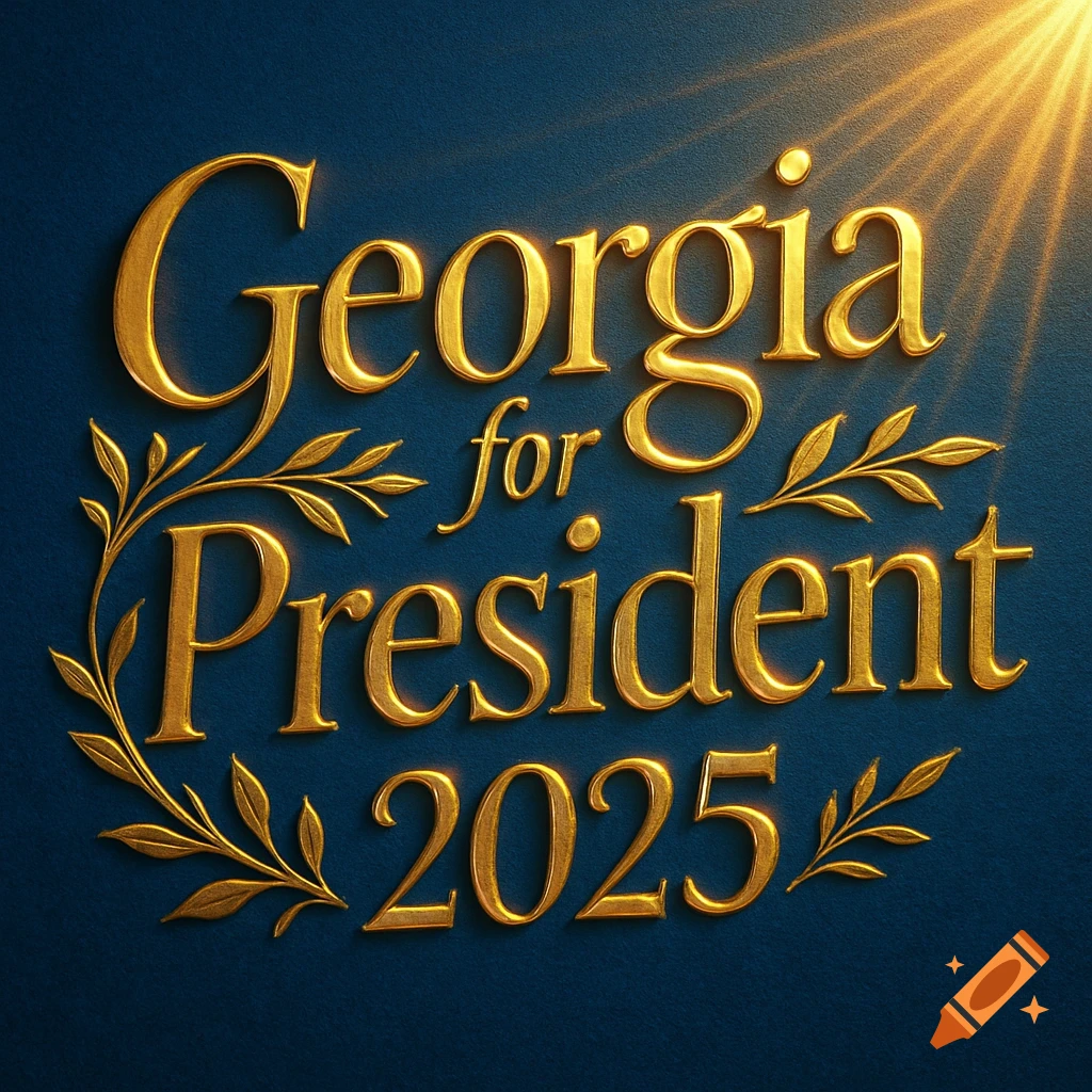 Golden 3D text 'Georgia for President 2025' on a dark blue background with light rays.