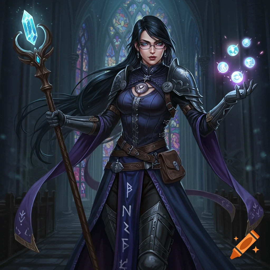 A female fantasy cleric with dark hair and glasses, wearing armor and a purple robe, holding a staff, in a gothic church.