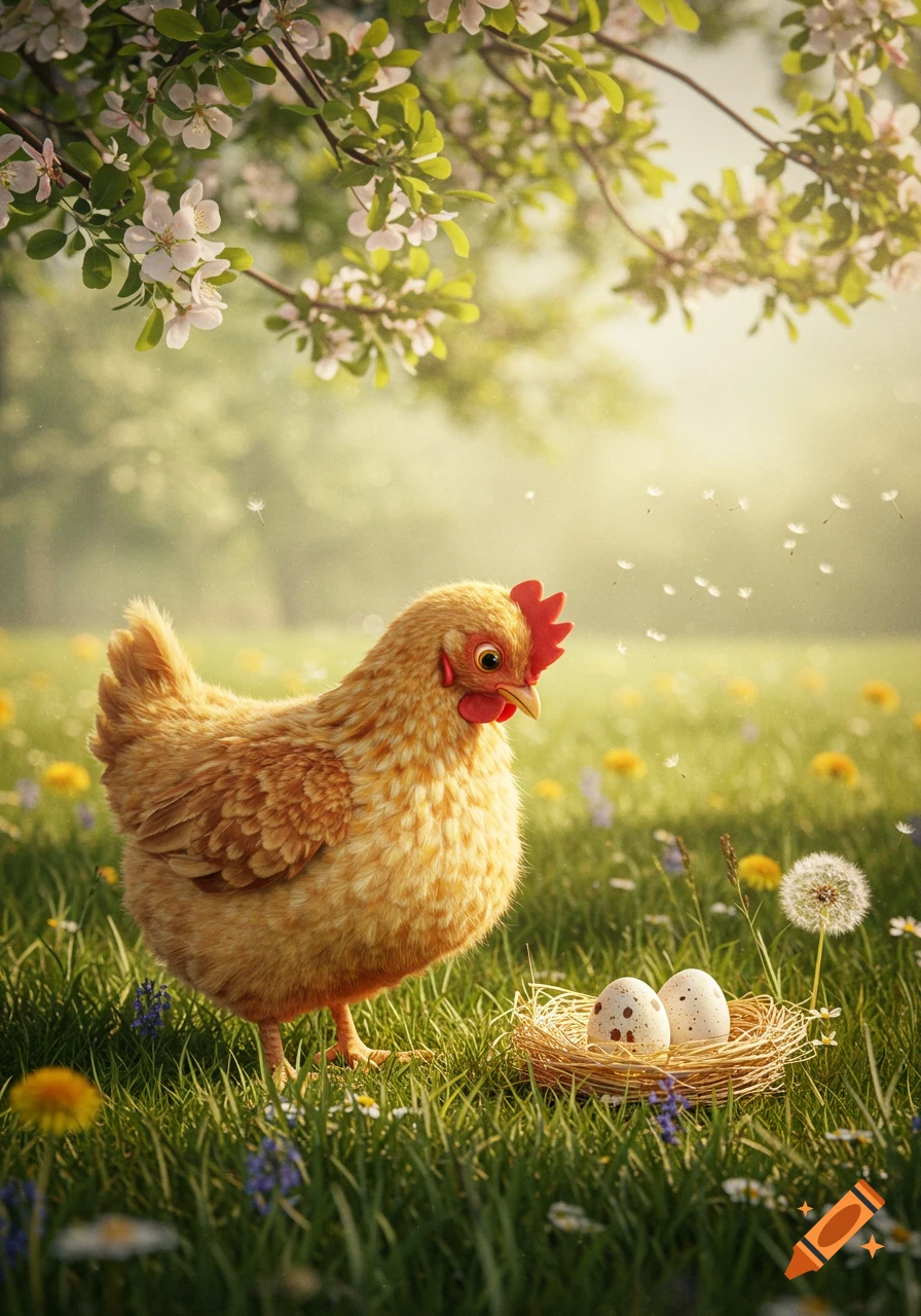 A fluffy brown chicken stands beside a nest with two speckled eggs in a sunlit grassy field with blooming flowers under a cherry blossom tree.