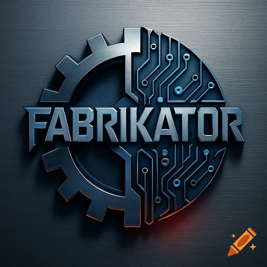 Metallic logo with 'FABRIKATOR' text, gear, and circuit patterns on a brushed metal background.
