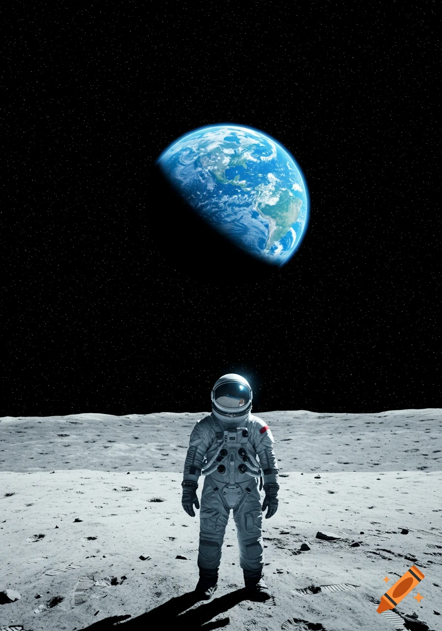 An astronaut stands on the moon's surface, looking up at a crescent Earth in the starry black sky.