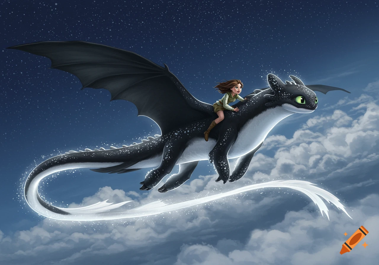 A young girl with brown hair rides a black and white dragon with glowing freckles through a starry night sky with clouds.