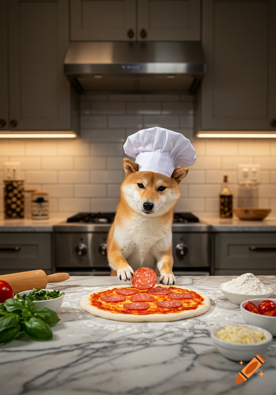 A photorealistic image of a Shiba dog wearing a chef's hat, standing at a kitchen counter with a pepperoni pizza and ingredients.