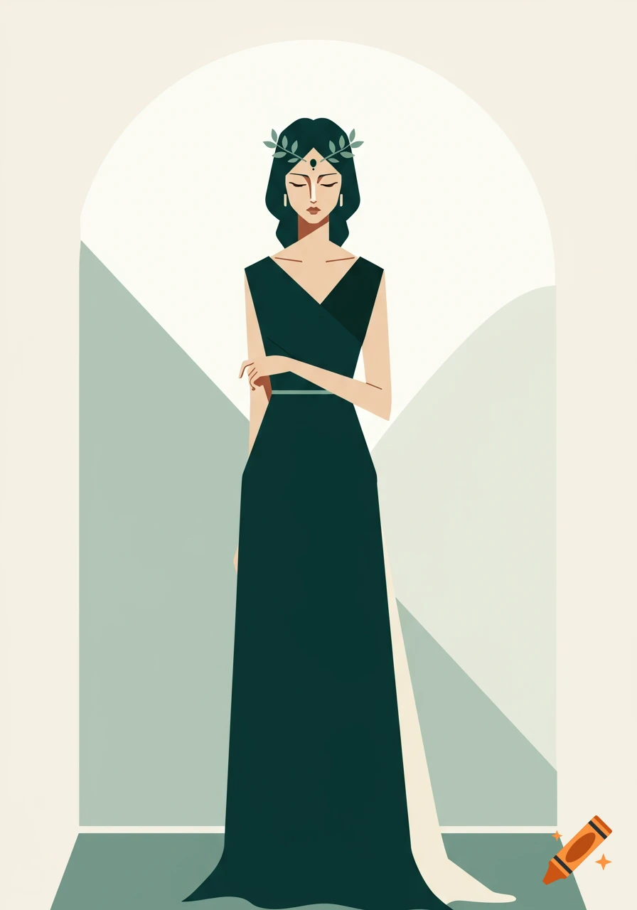 A minimalist illustration of a woman in a dark green dress and a laurel crown, standing serenely within an arched frame against geometric shapes.