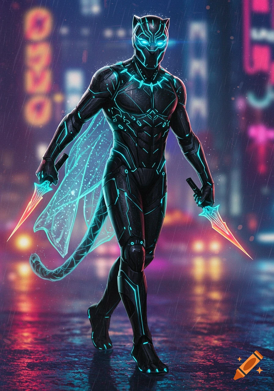 A futuristic Black Panther-like superhero in a glowing black and blue cyber-suit, holding red energy daggers, walks on a wet street in a rainy cyberpunk city.