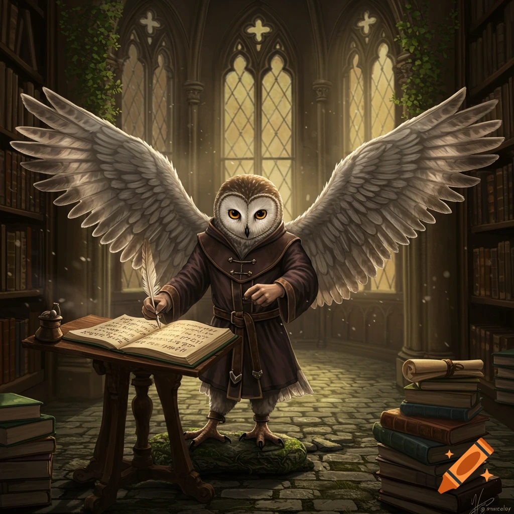An owl scholar in a brown robe writes in a large book with a quill, standing in a gothic library.