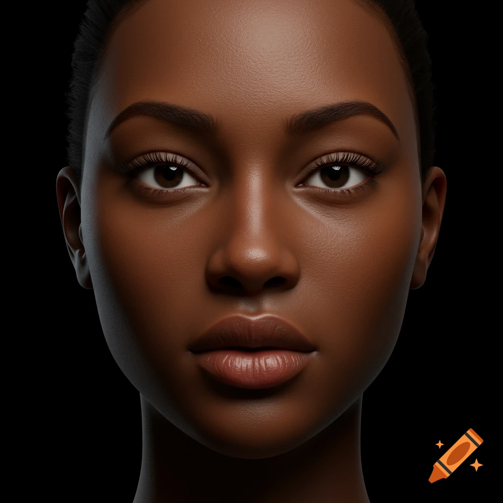 Photorealistic close-up portrait of a woman with dark skin.