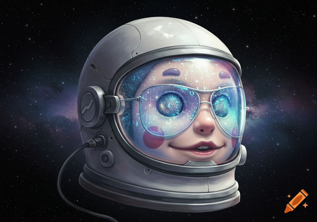 A stylized Jack in the Box-like head wearing a detailed astronaut helmet with glowing, circuit-patterned sunglasses in space.
