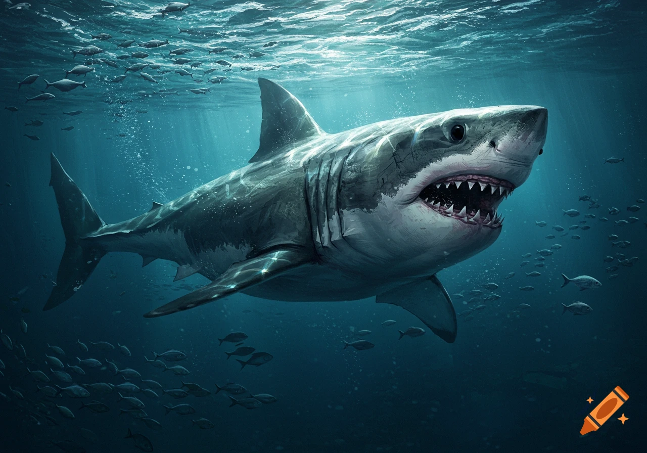 A photorealistic great white shark swims underwater, its mouth open, surrounded by schools of small fish.