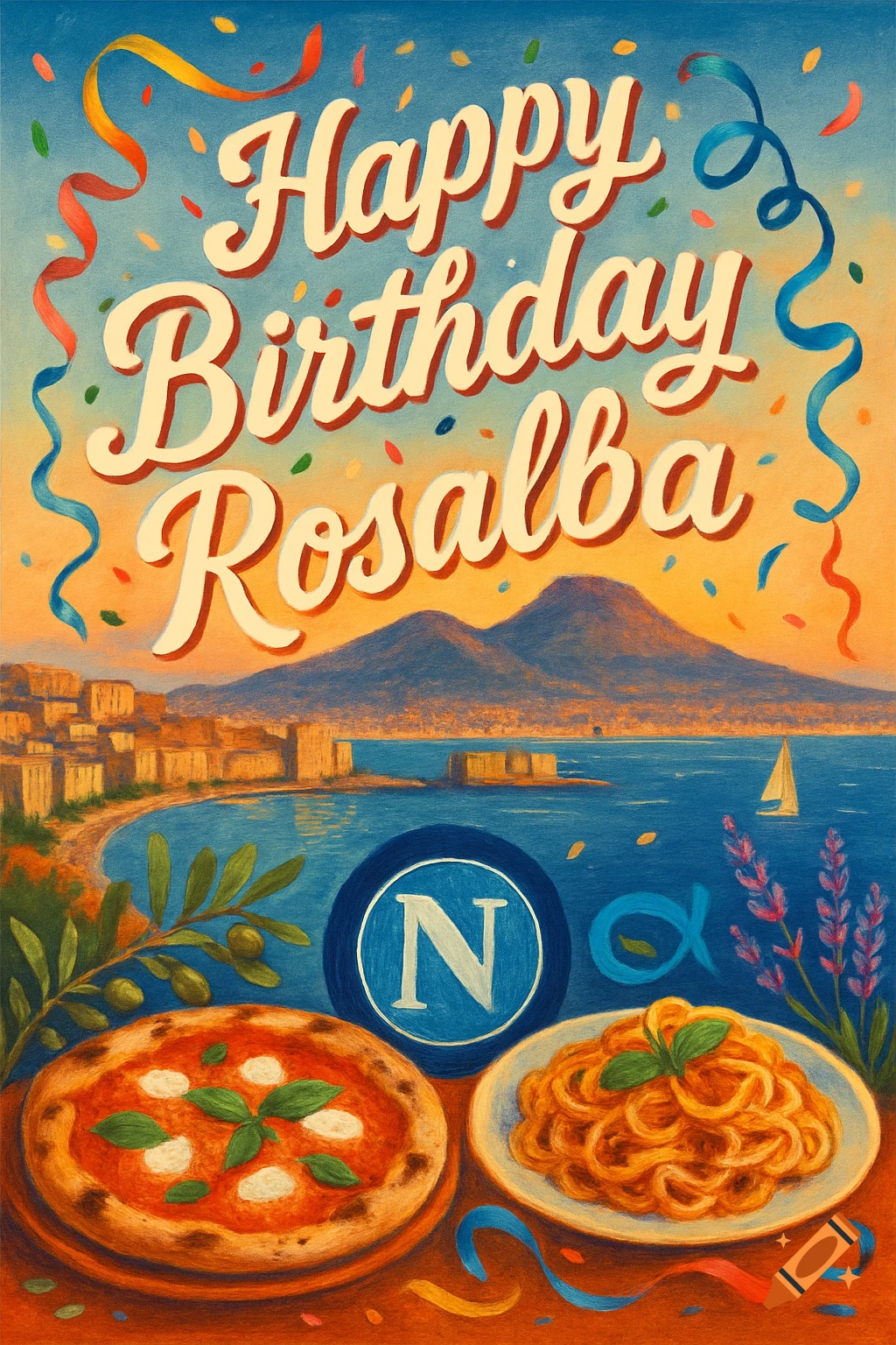 A colorful illustrated birthday poster for "Rosalba" featuring the Bay of Naples, Mount Vesuvius, a Napoli FC logo, pizza, and pasta.