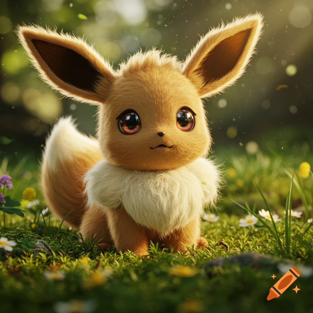 A cute, fluffy photorealistic Eevee sits in a vibrant green grassy field with small flowers.