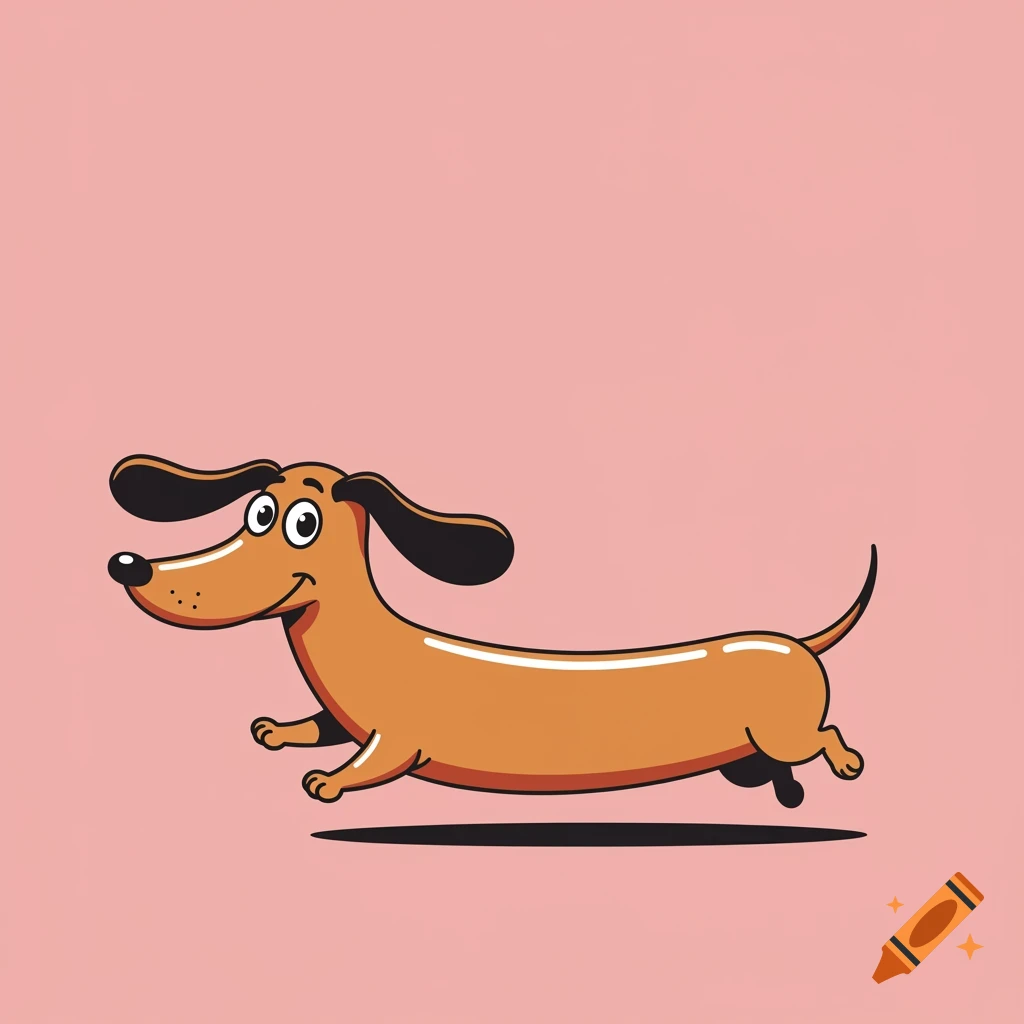 A brown cartoon dachshund with black ears and a happy expression runs across a plain pink background.
