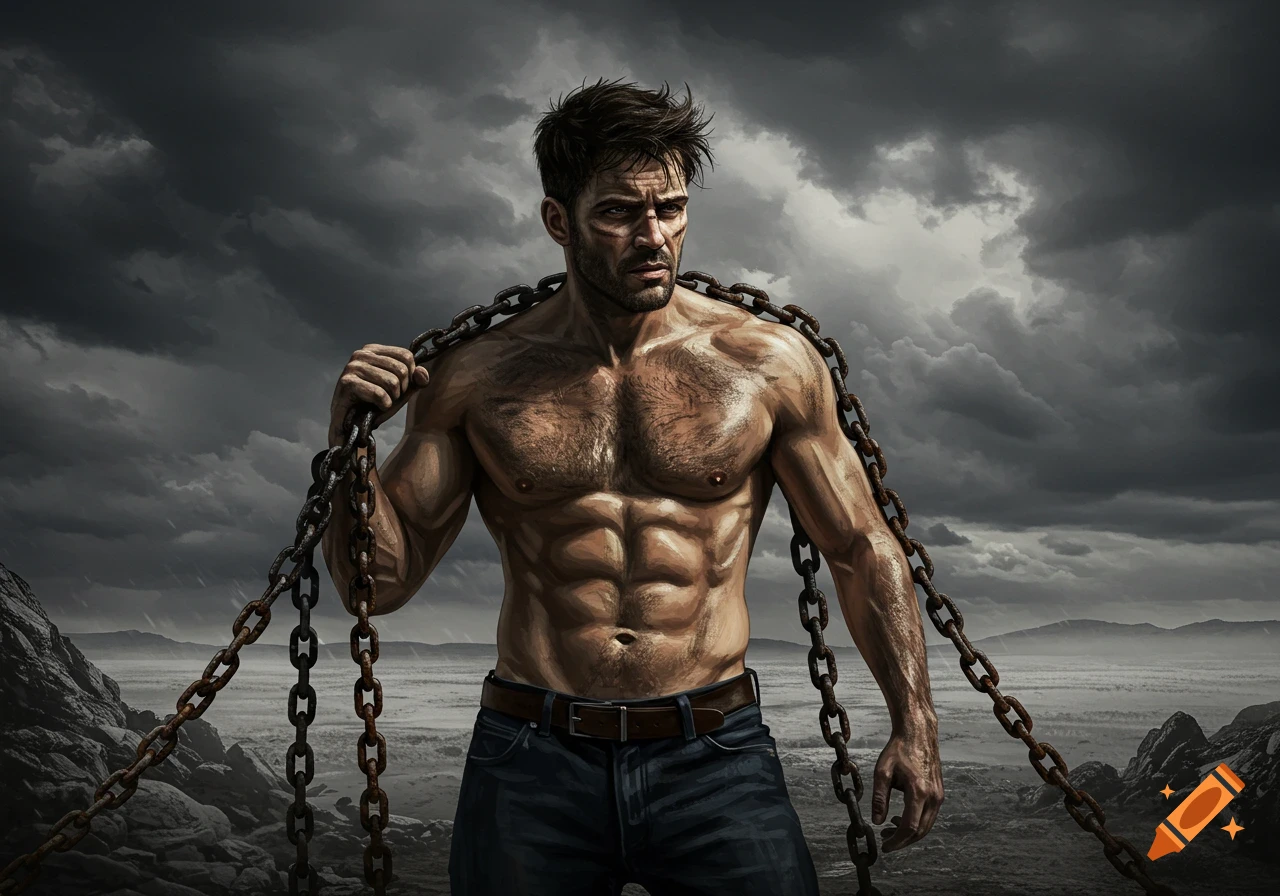 Muscular man with chains over shoulders under a stormy sky in a rugged landscape, digital painting.